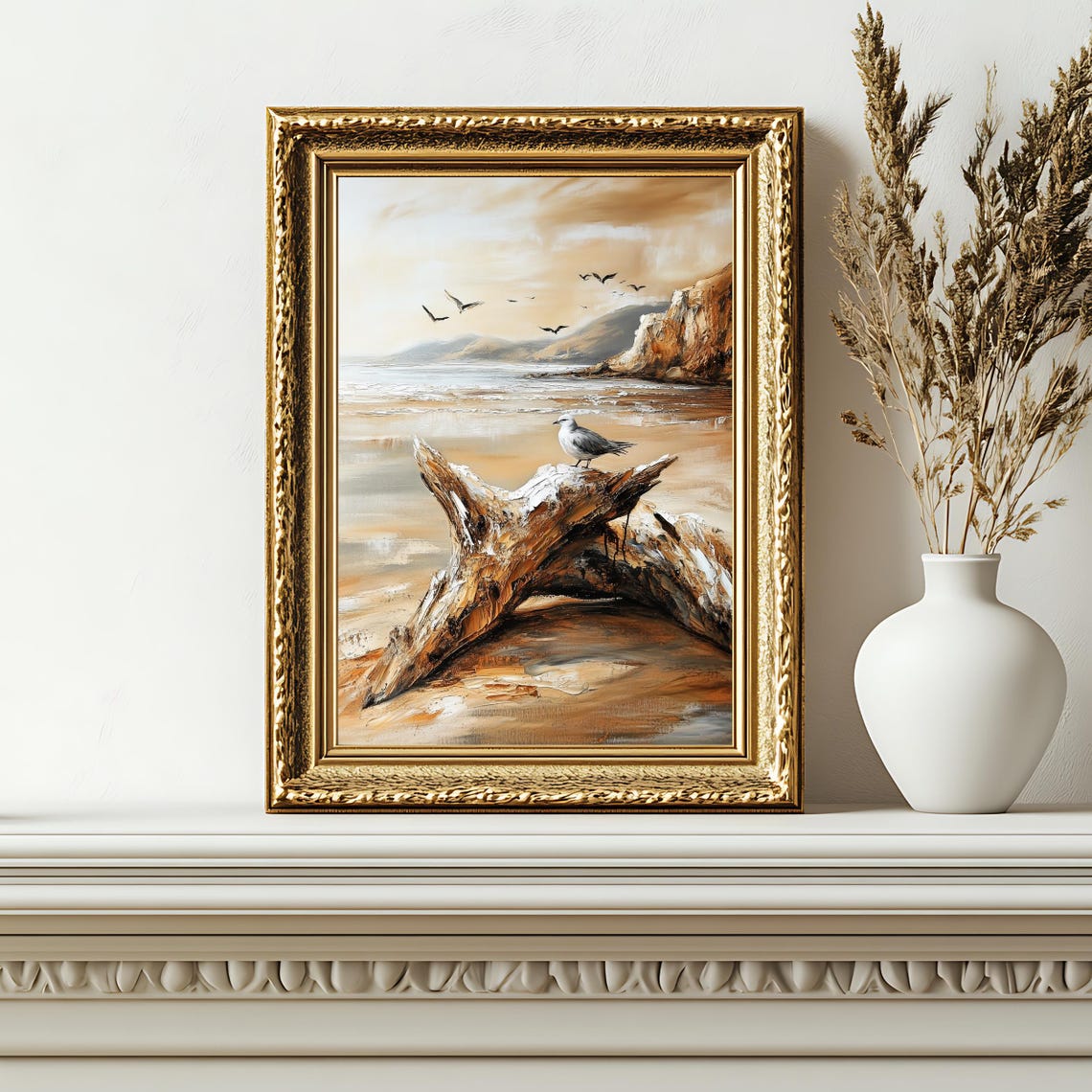 Vintage Beach Scene Seagull On Driftwood Cliffs Golden Shore Print - Image 2