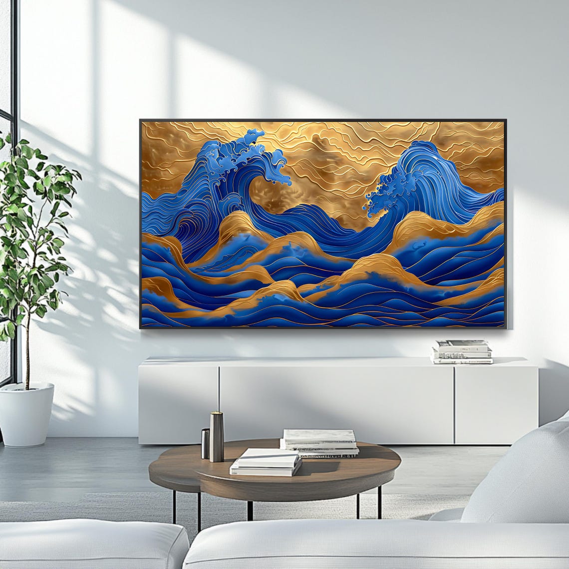 Golden Ocean Waves Abstract Blue and Gold Luxury Wall Art Poster - Image 4