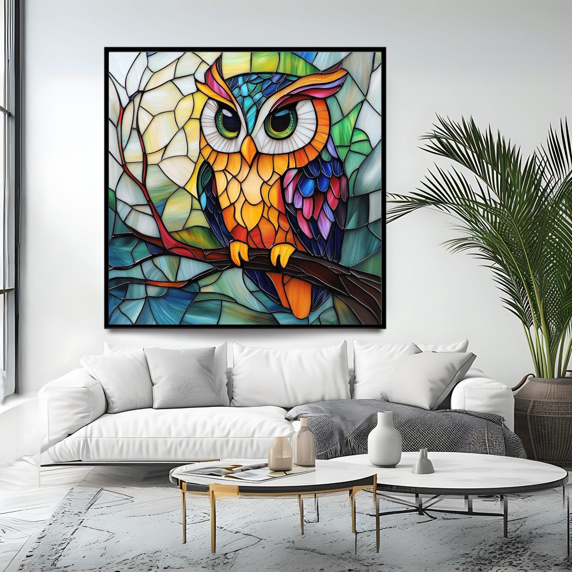 Stained Glass Owl On Branch Colorful Wildlife Mosaic Wall Art Poster - Image 4