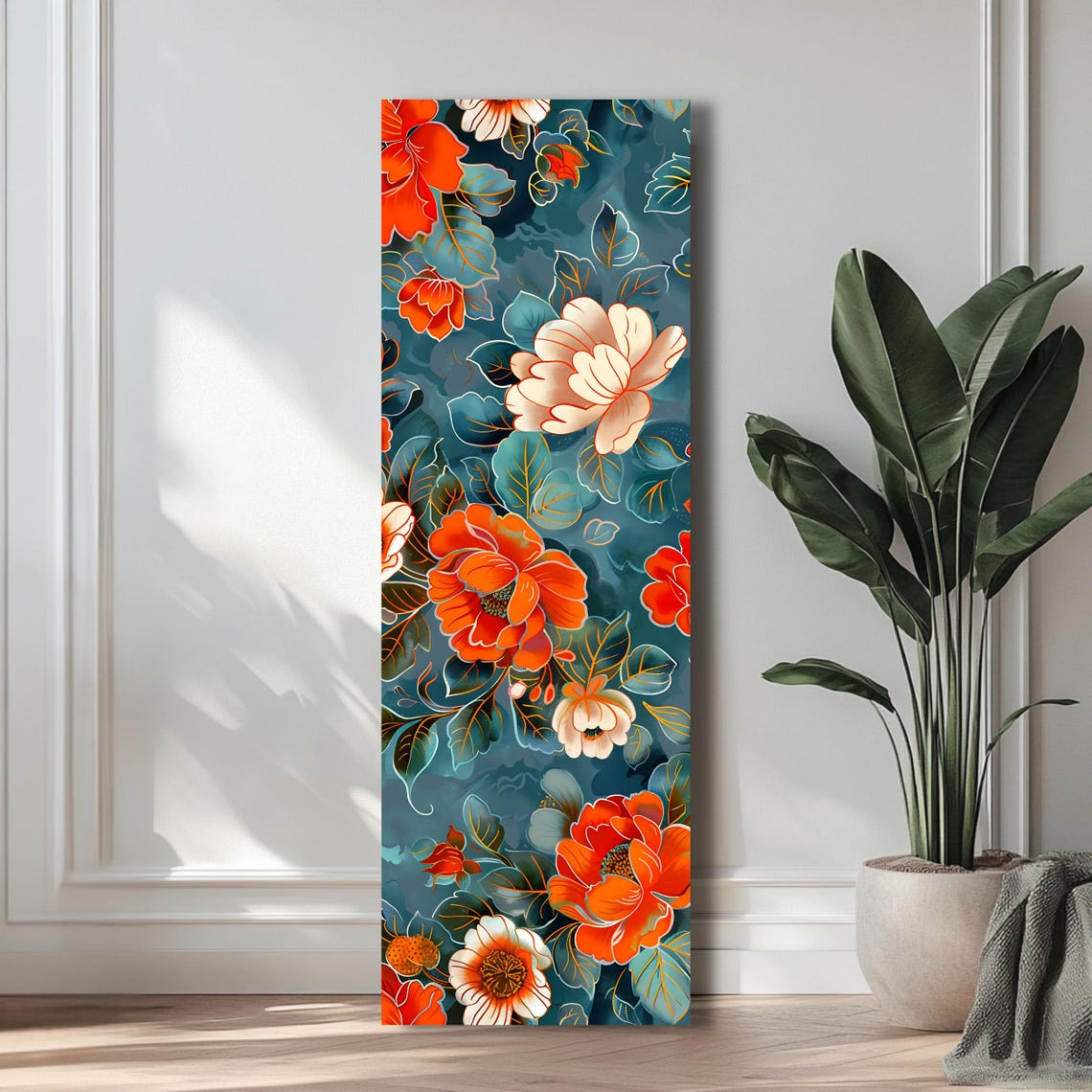 Tall Vertical Floral Pattern Orange Peony Teal Background Print - Image 3