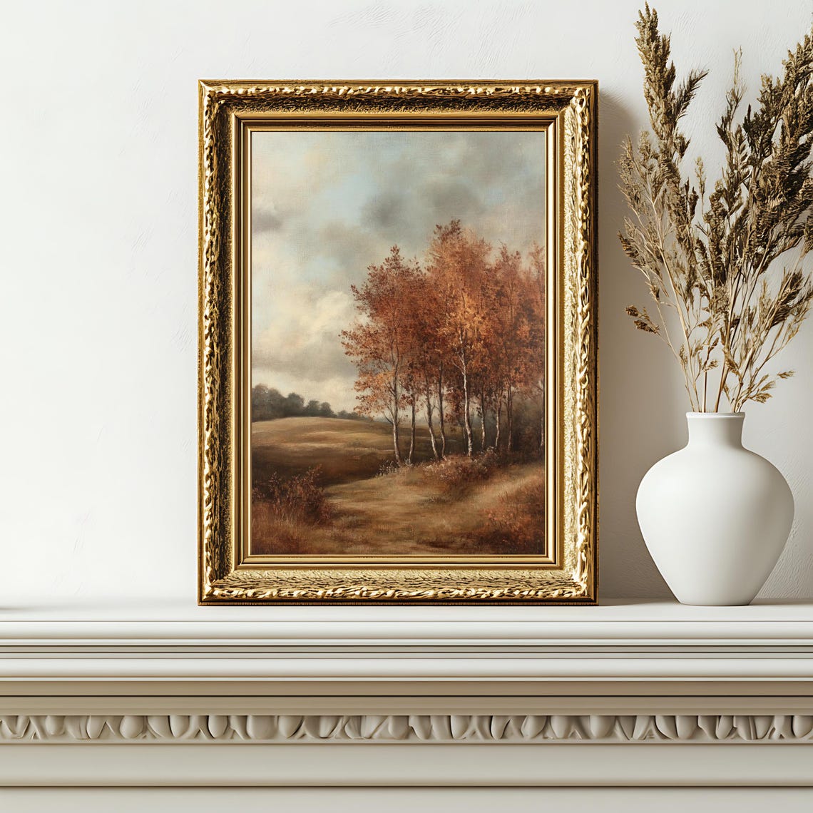 Vintage Autumn Birch Trees Golden Field Moody Sky Fall Landscape Print - Image 2