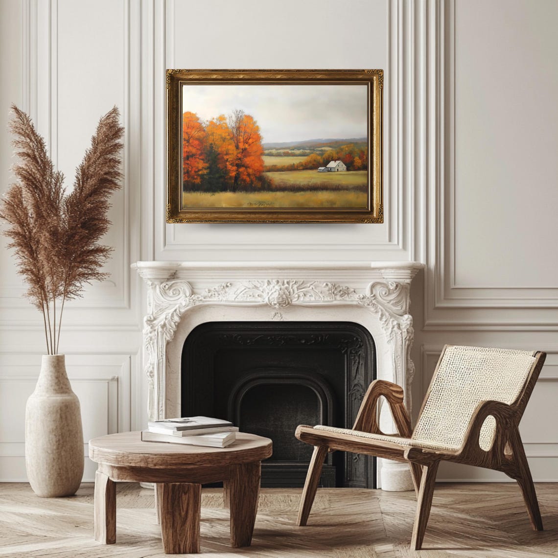 Antique Autumn Farmhouse Orange Maples Misty Countryside View Poster - Image 3