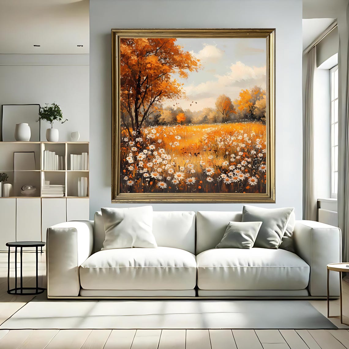 Autumn Meadow Daisy Field Fall Foliage Orange Tree Square Wall Art - Image 3