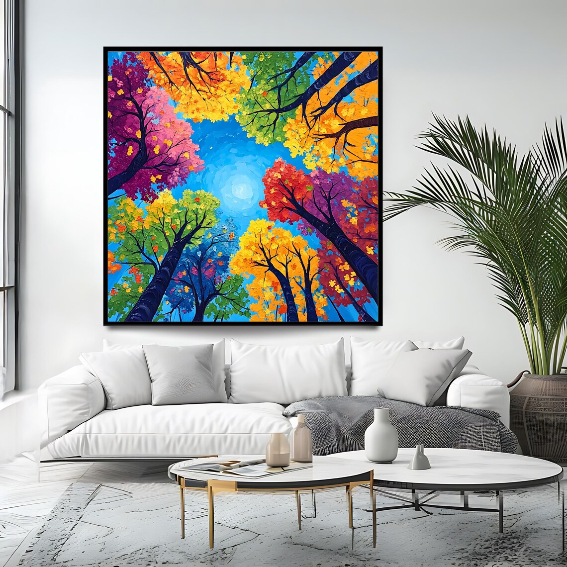 Colorful Forest Canopy Wall Art Print Vibrant Abstract Nature Artwork Square Scenic Tree Decor Bright Landscape Painting - Image 4