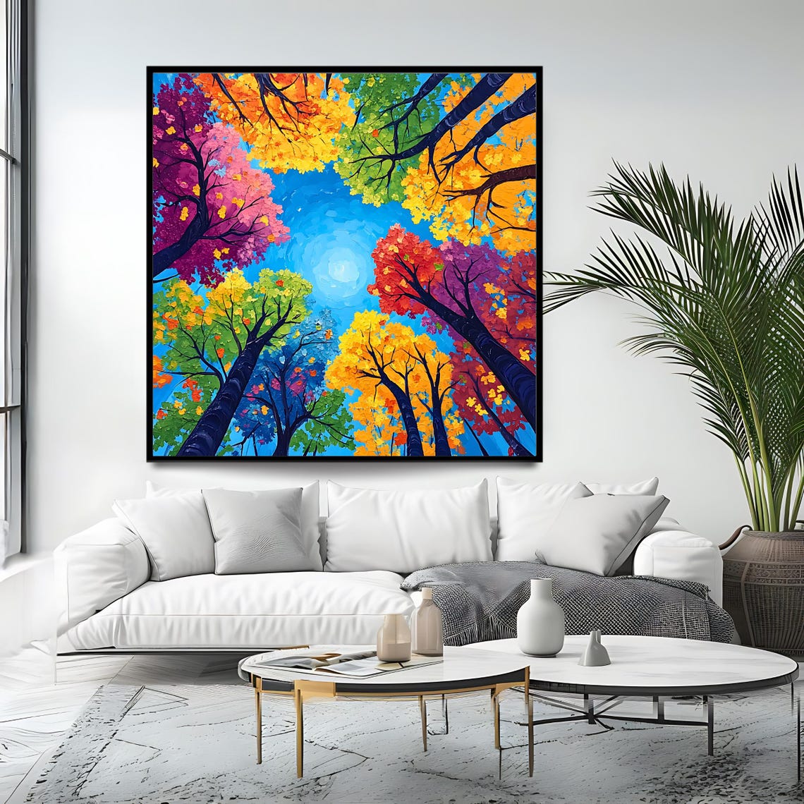 Rainbow Autumn Forest Canopy Looking Up Blue Sky Colorful Trees Poster - Image 4