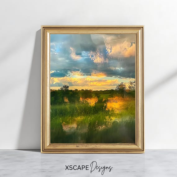Sunset Landscape Art Print Serene Nature Wall Decor Rustic Country Home Art Vintage Painting