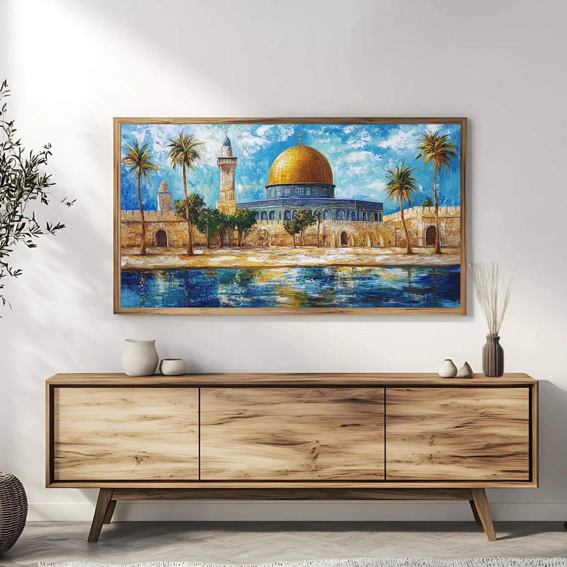 Dome Of The Rock Palm Trees Water Reflection Colorful Painting Poster - Image 3