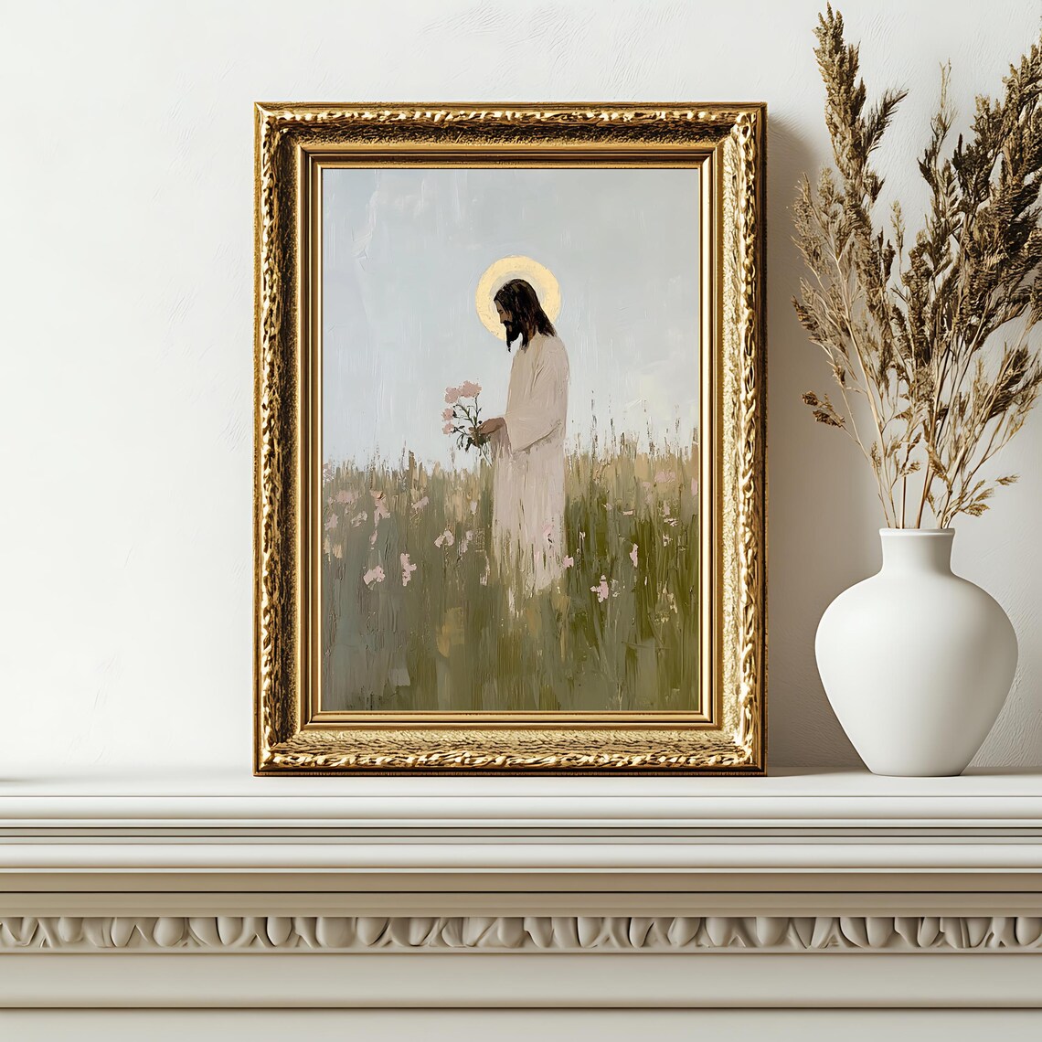 Jesus In Wildflower Meadow Holding Blooms Peaceful Christian Art Poster - Image 2