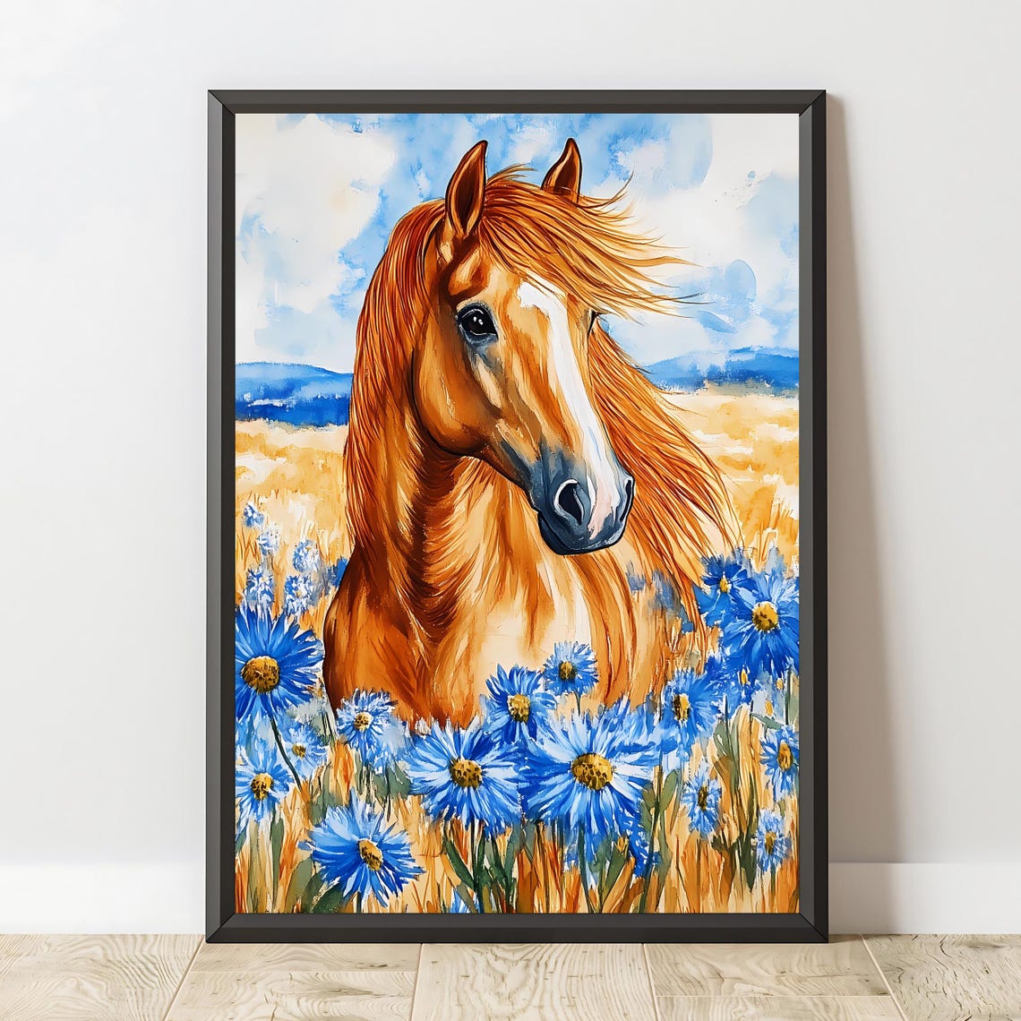 Chestnut Horse In Wild Blue Wildflower Golden Field Art Poster - Image 2