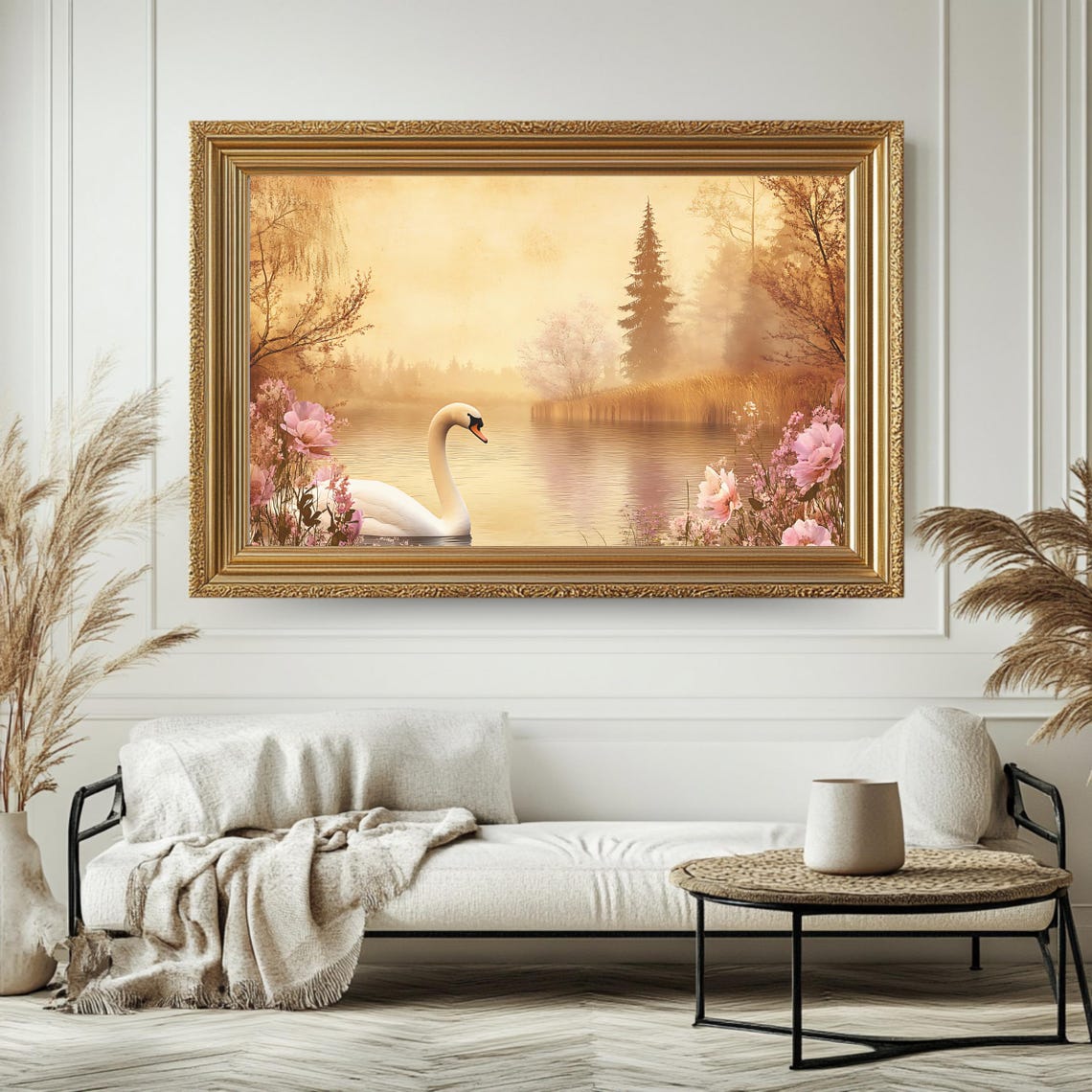 Serene White Swan Misty Golden Lake Floral Romantic Nature Poster - Image 4