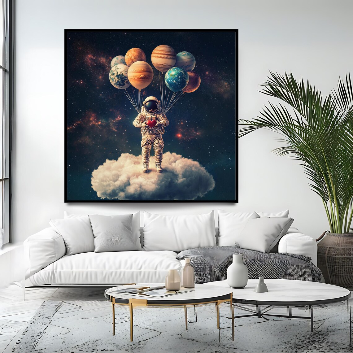 Astronaut Holding Planet Balloons Red Heart Cosmic Starry Night Art Print - Image 4