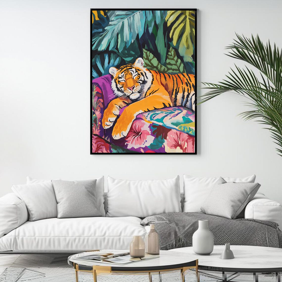 Sleeping Tiger Jungle Leaves Vibrant Tropical Wildlife Art Poster - Image 4