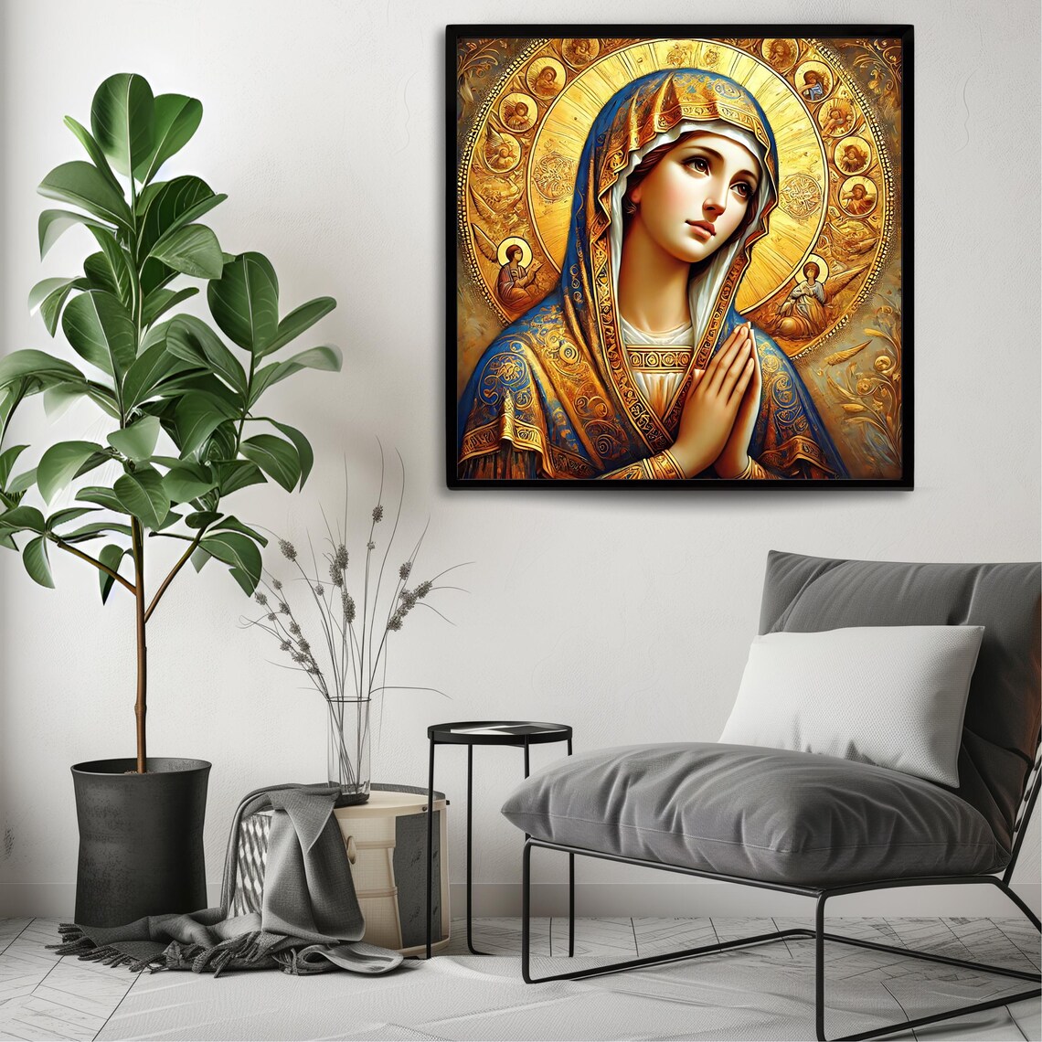 Blessed Virgin Mary Byzantine Icon Golden Halo Madonna Prayer Religious Art Poster - Image 3