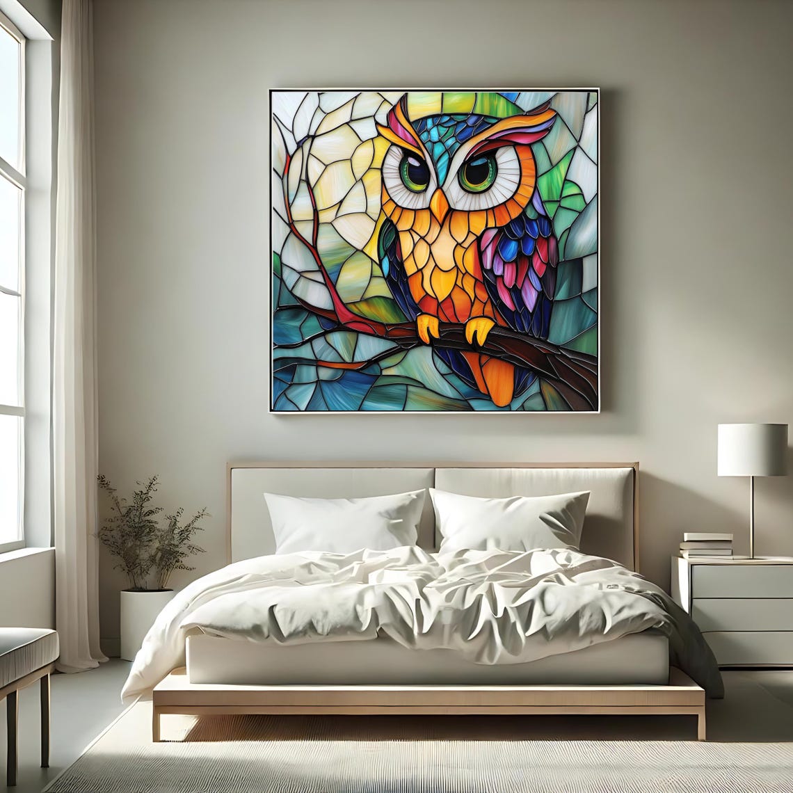 Stained Glass Owl On Branch Colorful Wildlife Mosaic Wall Art Poster - Image 2