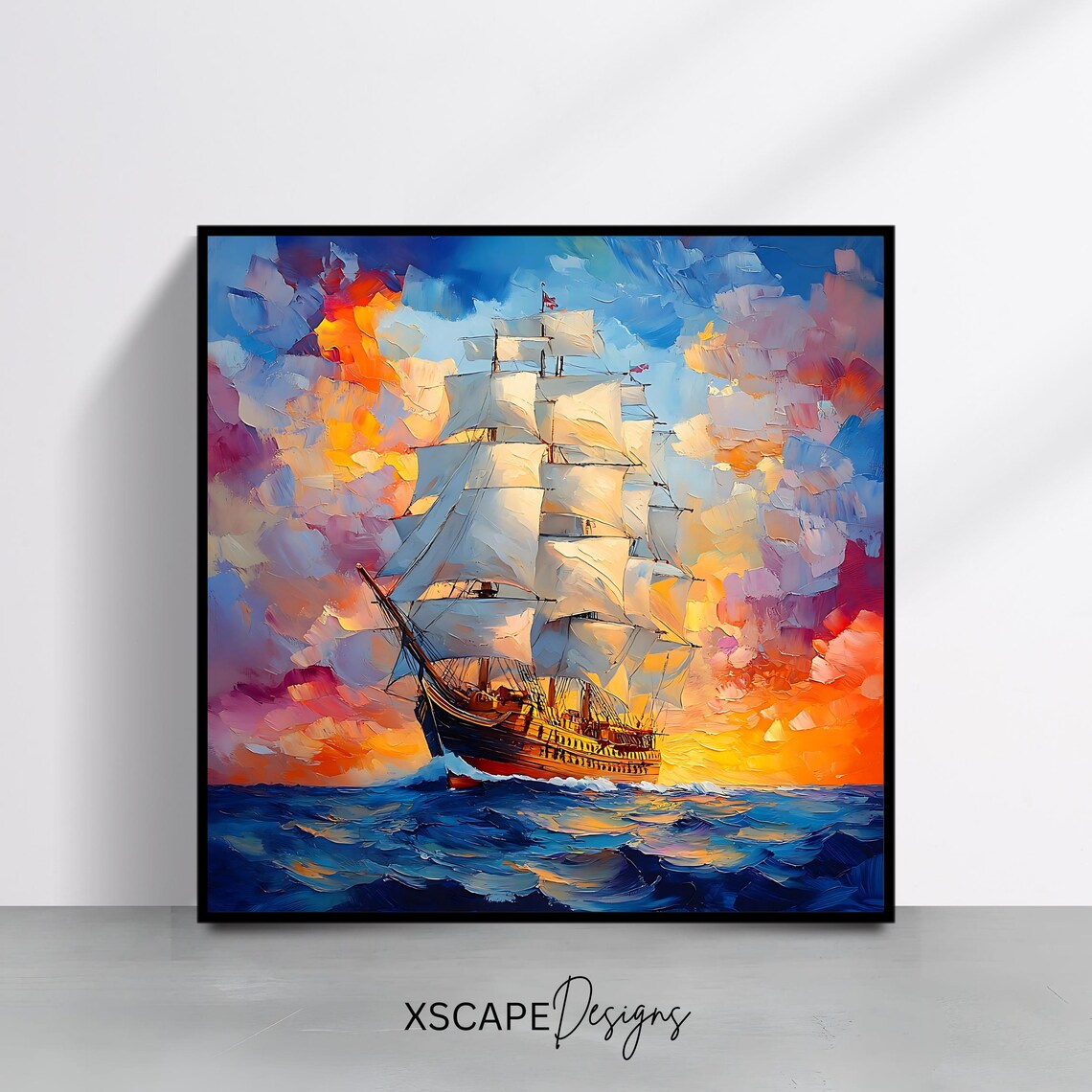 Sunset Sailing Ship Wall Art Print Vibrant Nautical Artwork Square Ocean Decor Abstract Seascape Painting