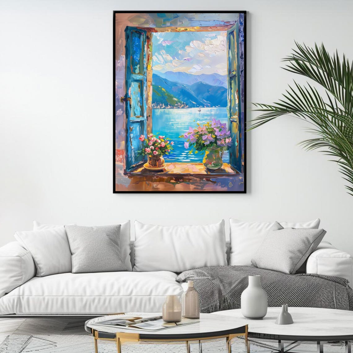 Lake Como Italy Open Window Lake View Flower Pots Travel Poster - Image 4