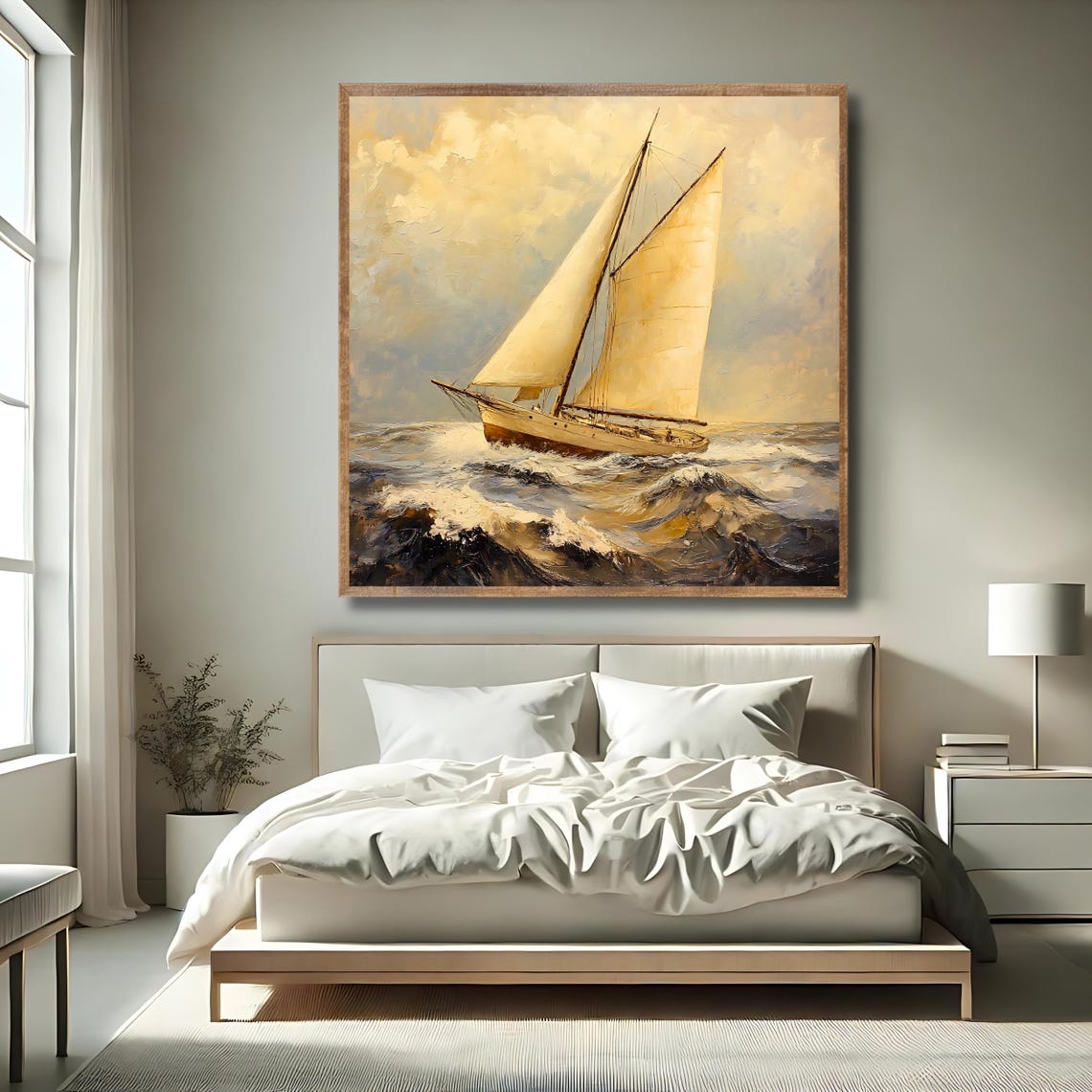 Sailboat Golden Light Vintage Oil Painting Nautical Ocean Wave Poster - Image 2