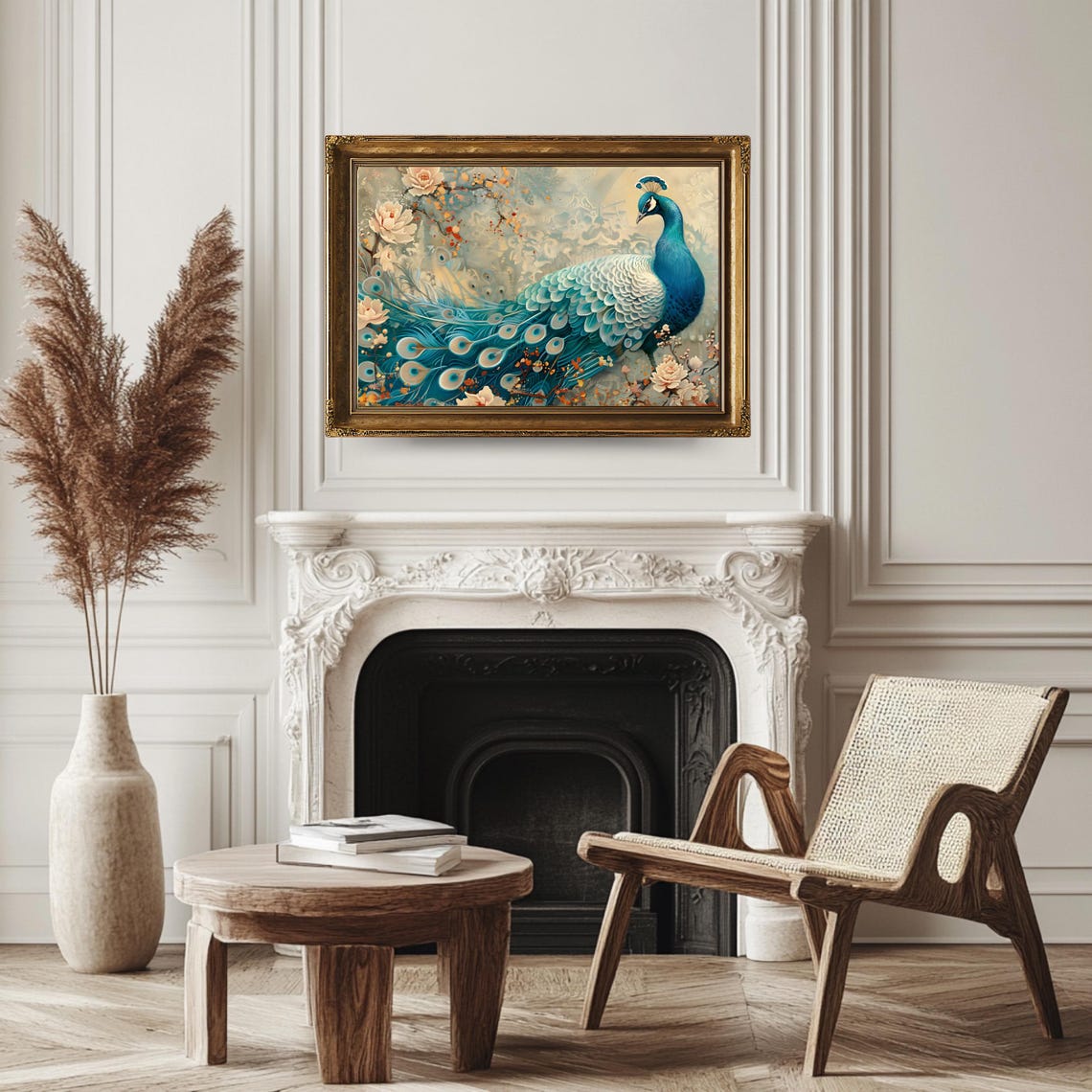 Elegant Blue Peacock Blossoms Graceful Bird Floral Illustration Poster - Image 3