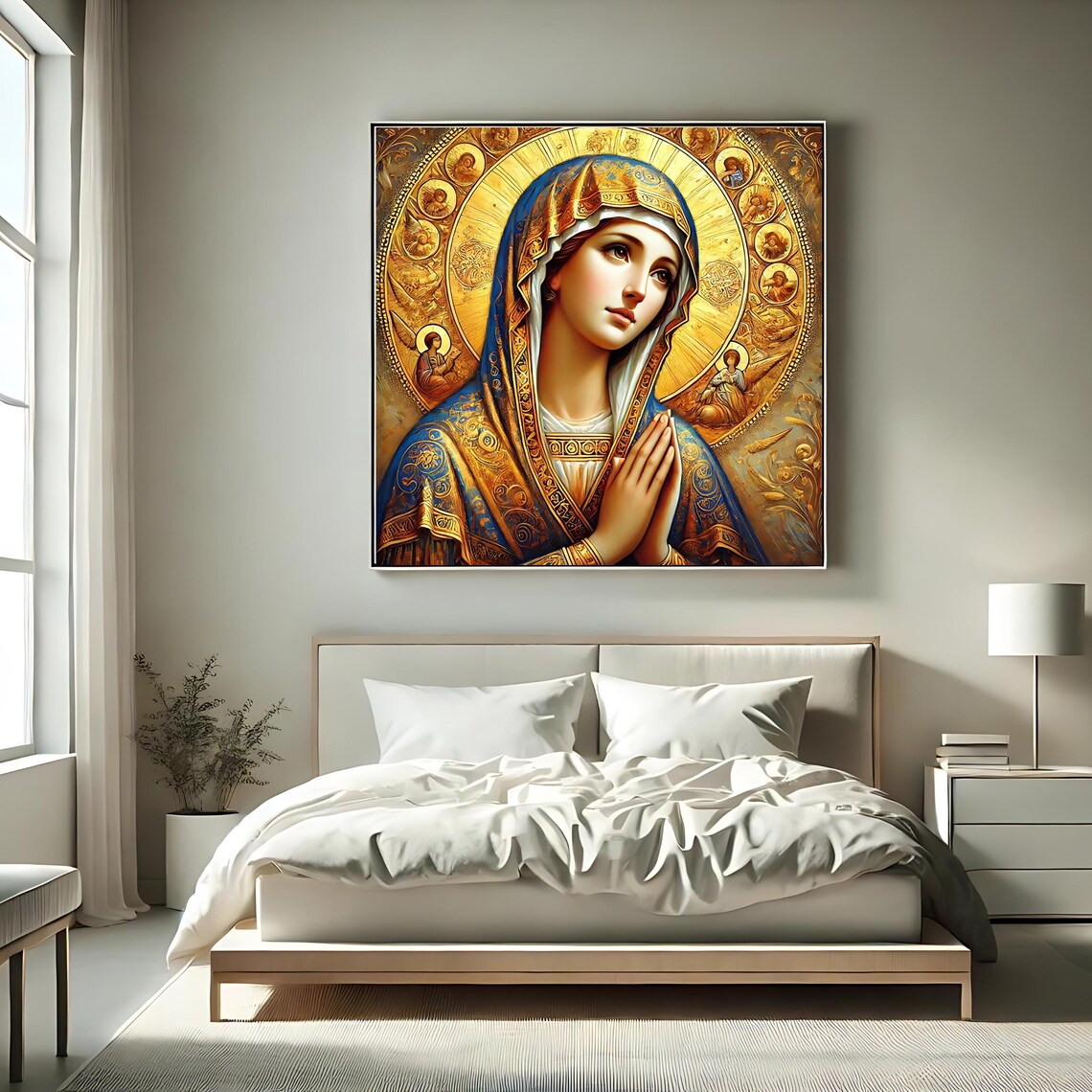 Blessed Virgin Mary Byzantine Icon Golden Halo Madonna Prayer Religious Art Poster - Image 2