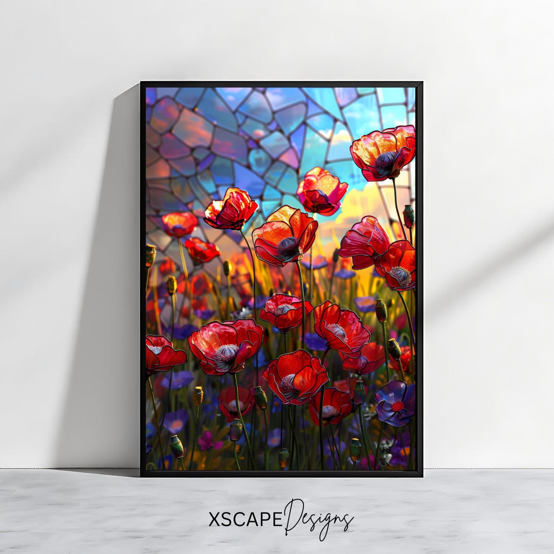 Stained Glass Red Poppies Vibrant Floral Mosaic Art Print Home Decor