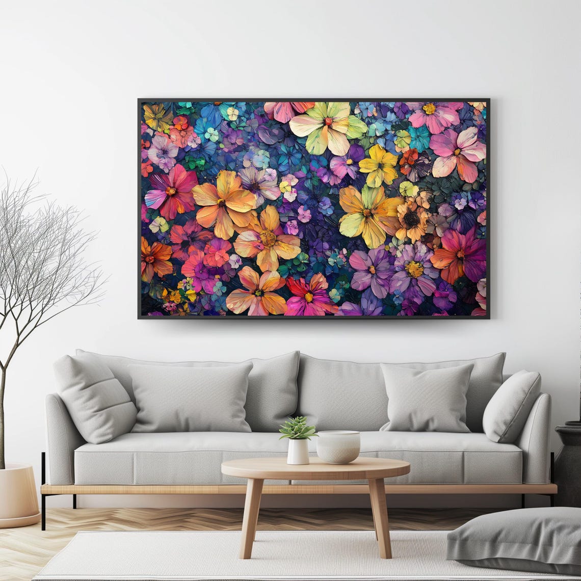 Colorful Cosmos Daisy Flower Field Impasto Painting Vibrant Wall Art - Image 4