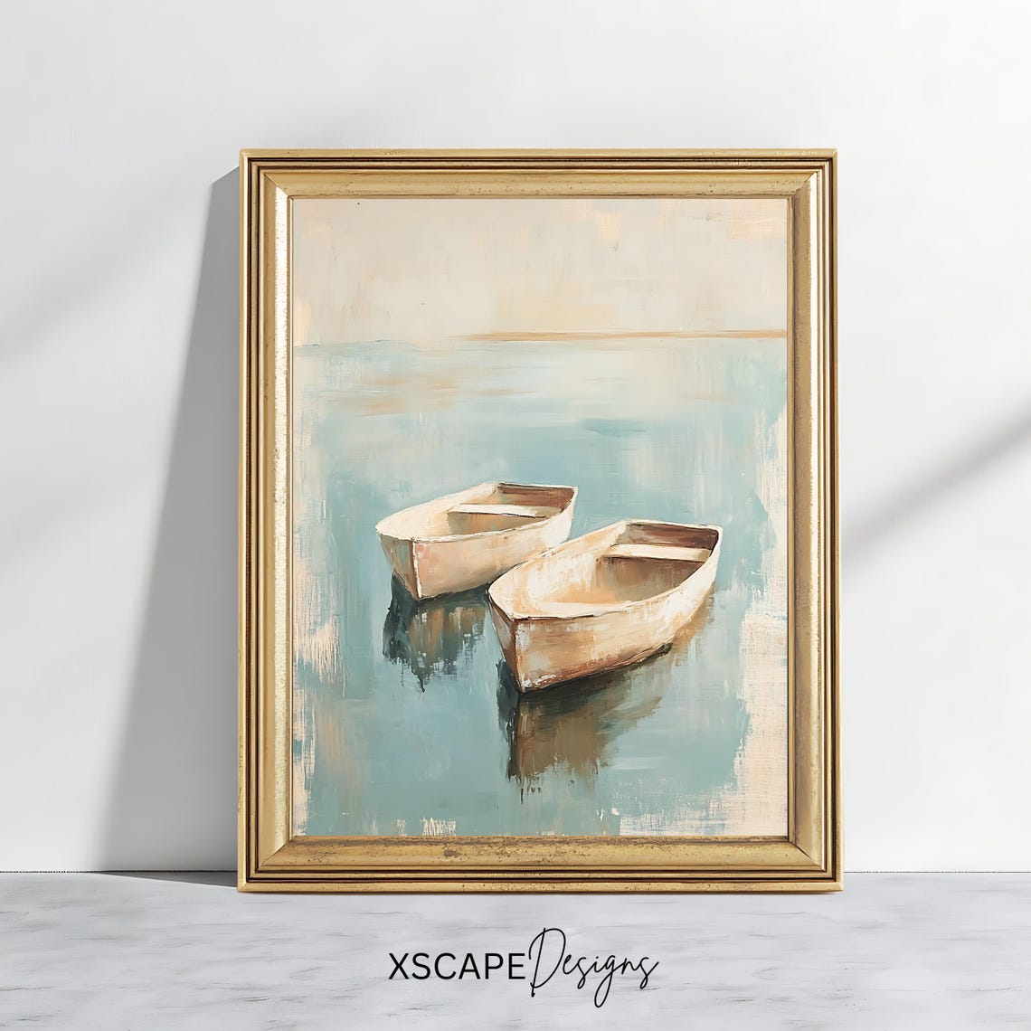 Two White Rowboats Floating on Calm Pale Blue Water Nautical Poster