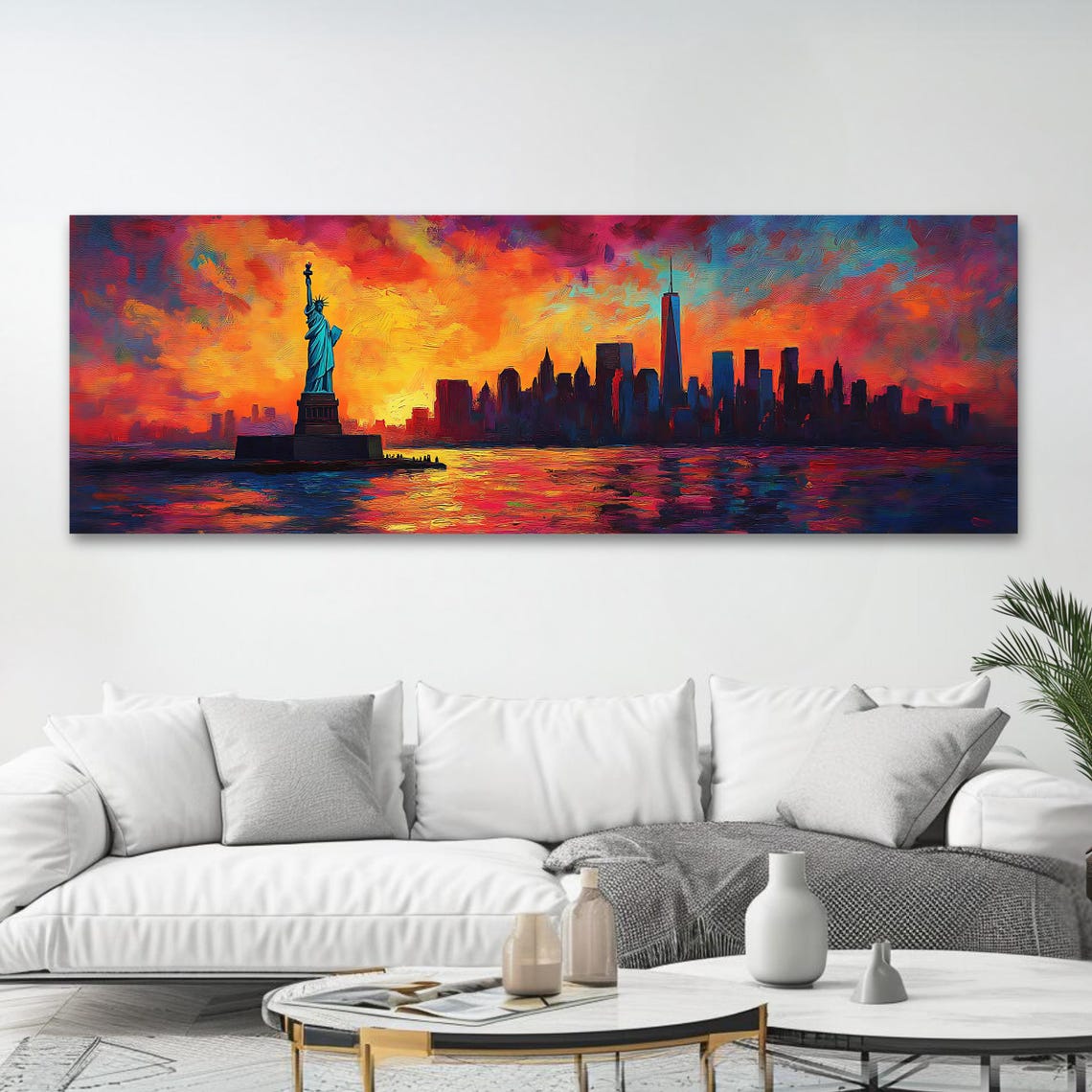 New York Skyline Statue Of Liberty Sunset Panoramic Cityscape Poster - Image 4