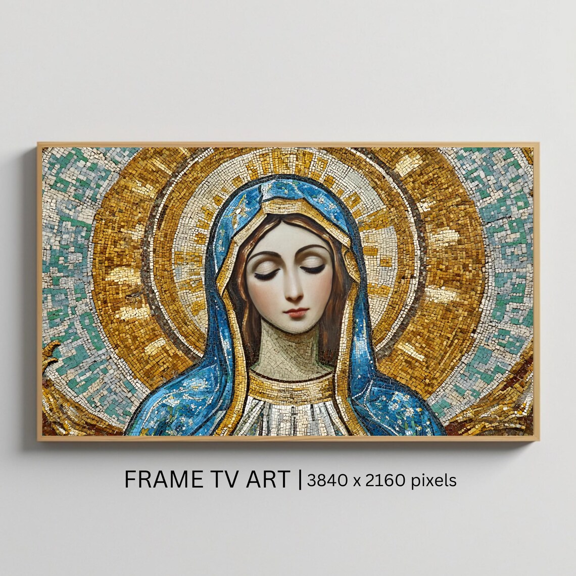 Virgin Mary Mosaic Portrait Gold Halo Blue Veil Byzantine Art Poster