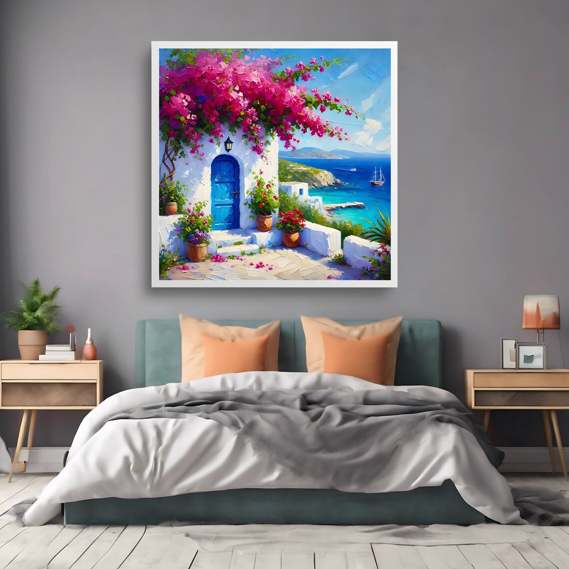 Santorini Greece Blue Door Bougainvillea Sailboats Coastal View Print - Image 2