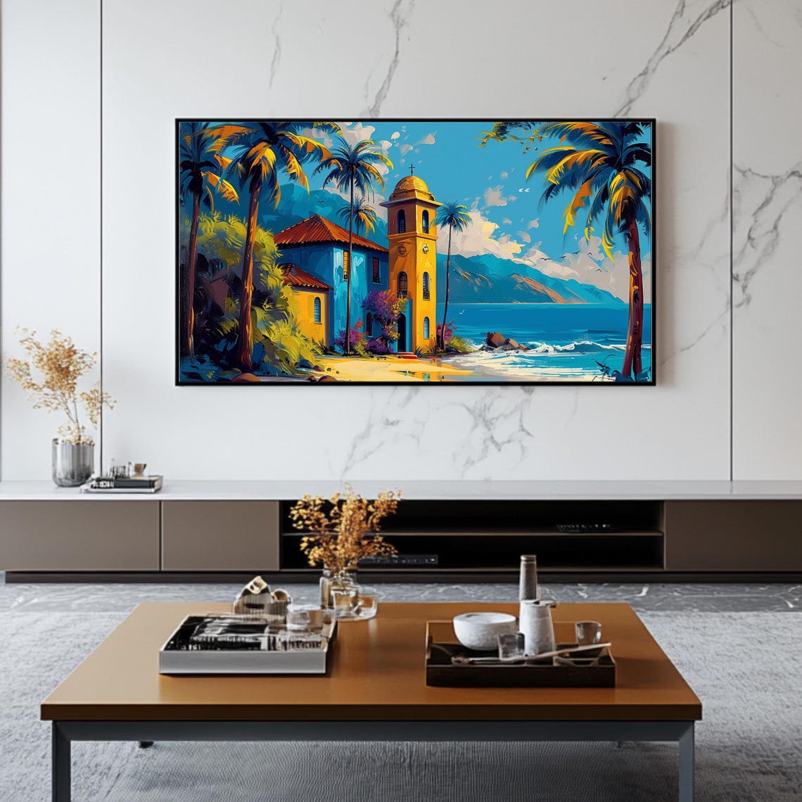 Tropical Church By The Sea Palm Trees Coastal Travel Scene Art Poster - Image 2