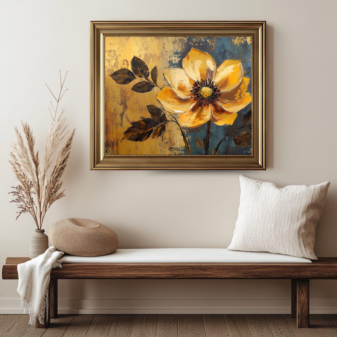 Yellow Flower Anemone Painting Golden Petals Teal Abstract Wall Art - Image 2