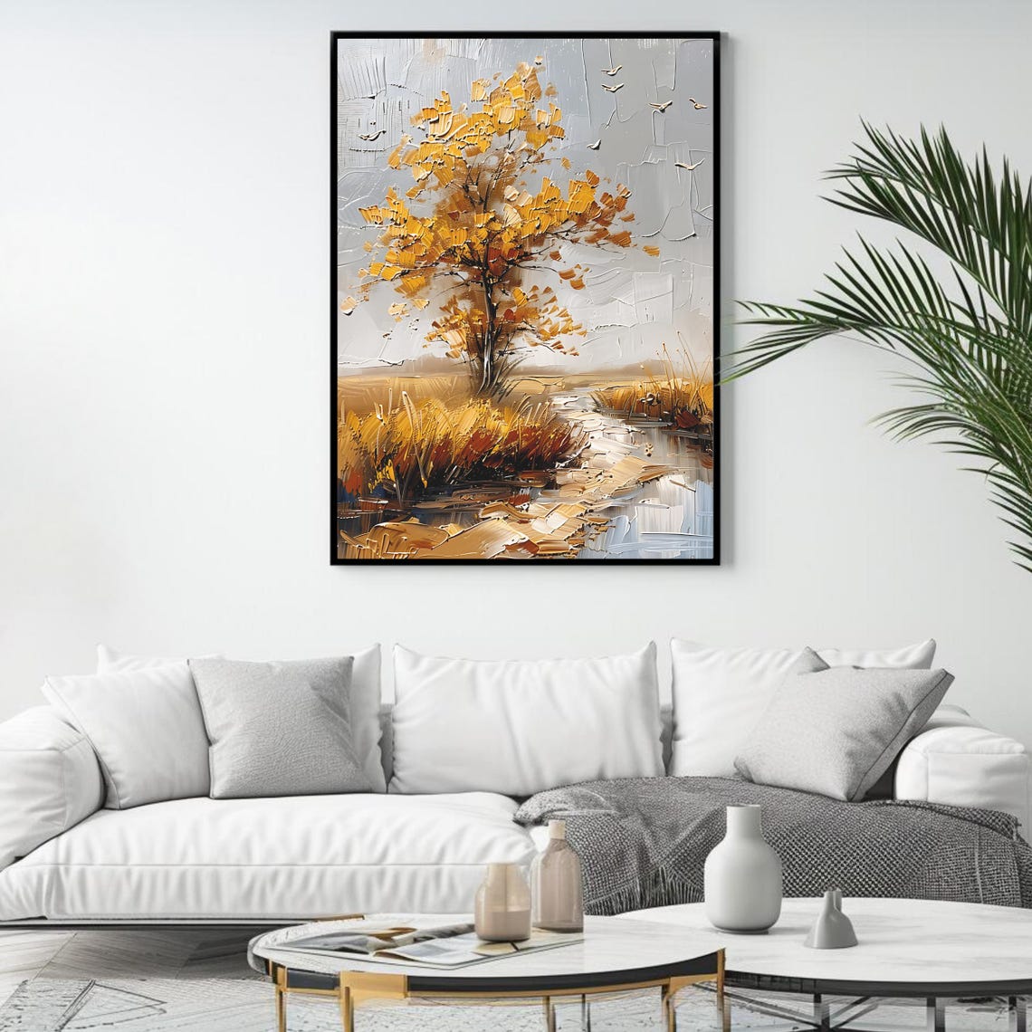 Golden Autumn Tree by a Calm Lake Impasto Style Fall Landscape Poster - Image 4