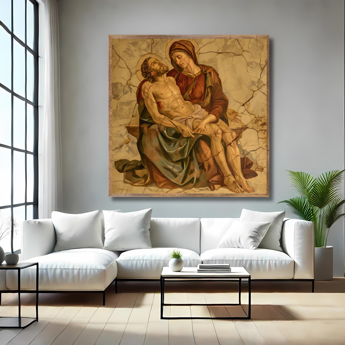 Pieta Mary Holding Jesus Antique Cracked Fresco Religious Catholic Art Print - Image 4