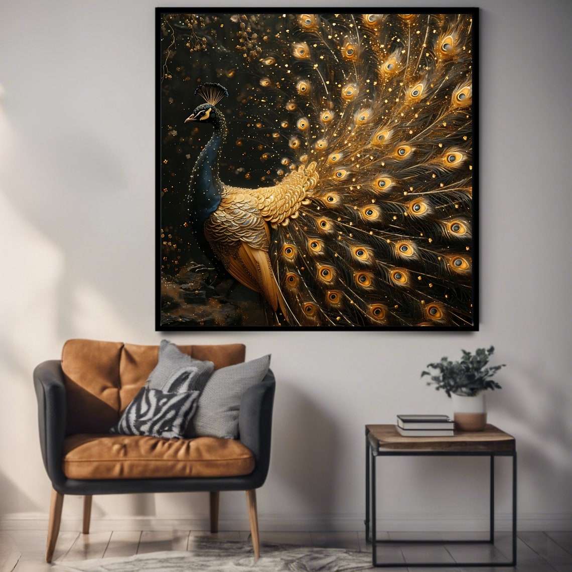 Golden Peacock Full Tail Display Black Background Elegant Bird Print - Image 3