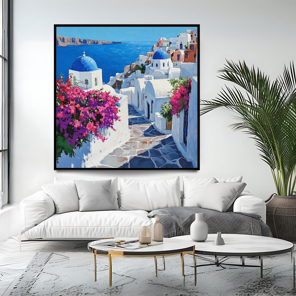Santorini Blue Domes Oia Village Bougainvillea Caldera Sea View Travel Poster - Image 4