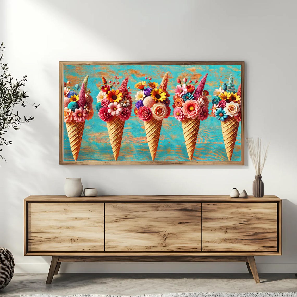 Colorful Flower Bouquets In Ice Cream Cones Whimsical Teal Art Poster - Image 3