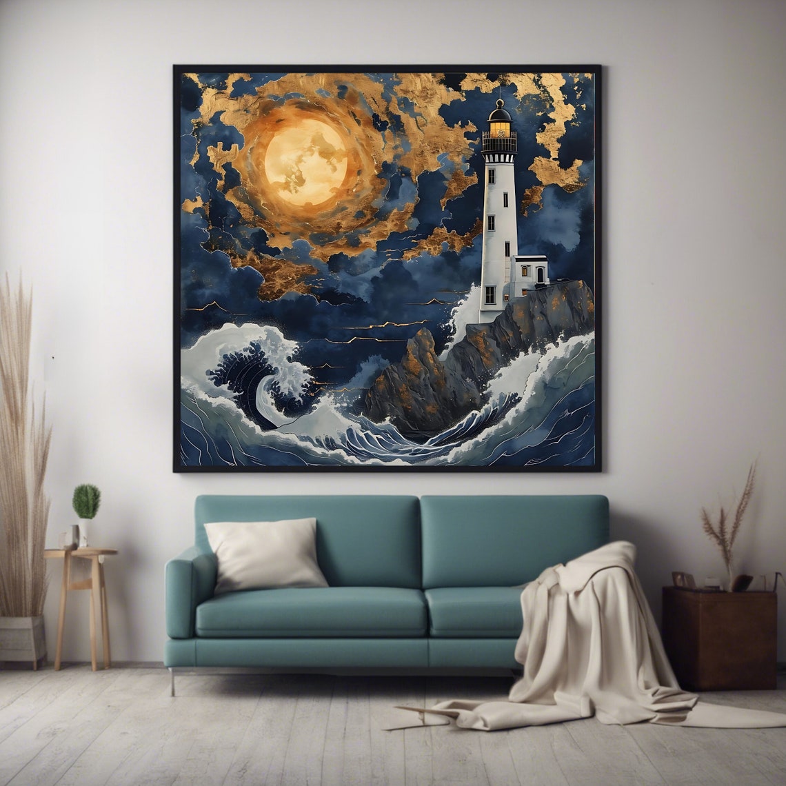 Lighthouse Full Moon Wall Art Print Square Nautical Artwork Ocean Themed - Image 4