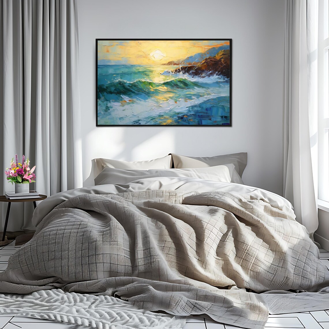 Ocean Sunrise Turquoise Waves Golden Sun Rocky Coast Impasto Wall Art - Image 2