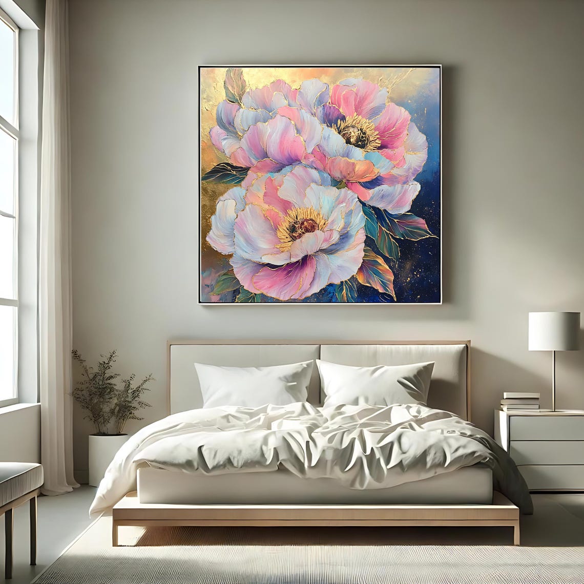 Pink Peony Blossoms Gold Accents Navy Background Botanical Art Print - Image 2