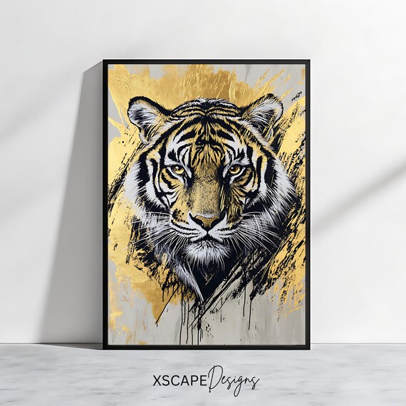 Majestic Tiger Portrait Black Gold Ink Wildlife Modern Animal Art Print