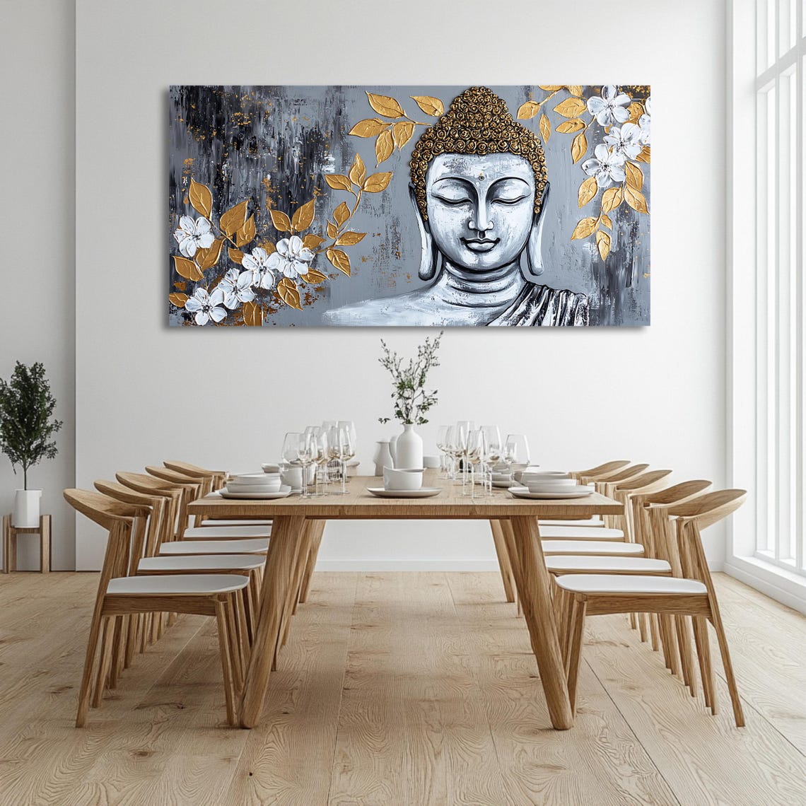 Zen Buddha Face Gold Leaves White Blossoms Gray Panoramic Wall Art - Image 3