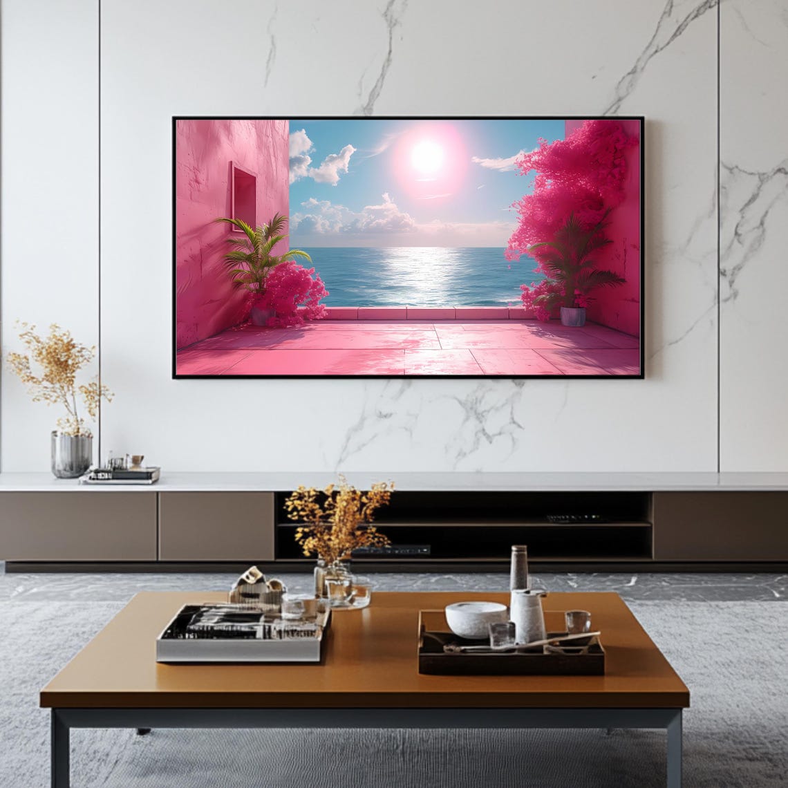 Pink Coastal Terrace Ocean View Dreamy Sunset Seascape TV Art Poster - Image 2