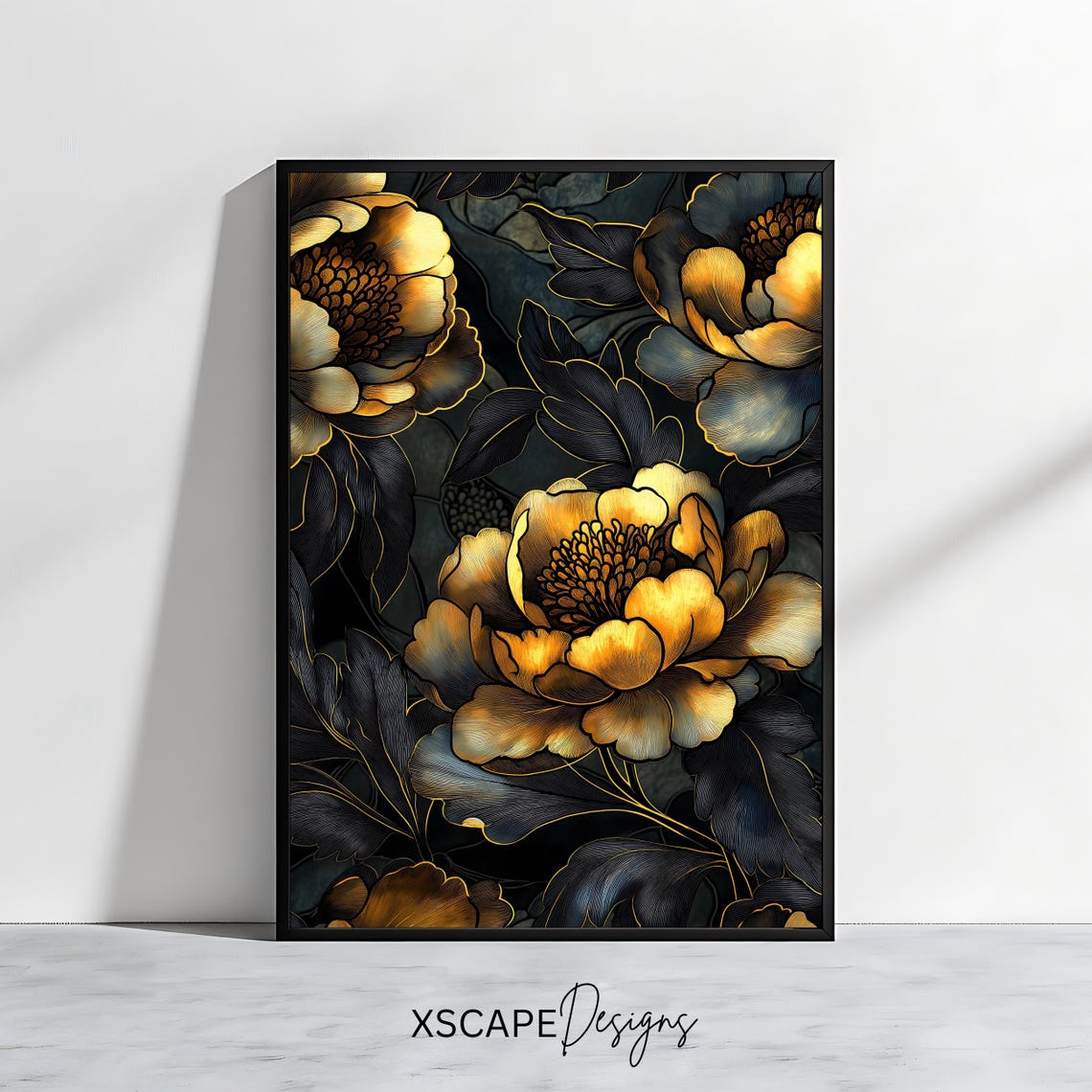 Black Gold Peony Flowers Elegant Dark Botanical Floral Wall Art Poster