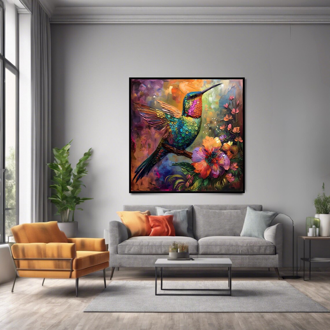 Colorful Hummingbird Among Hibiscus Flowers Textured Oil Art Poster - Image 2