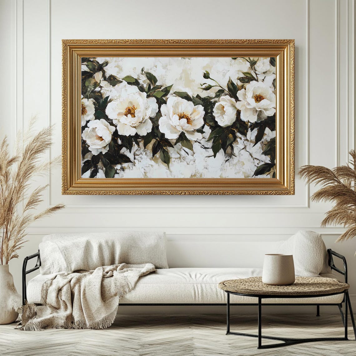 Cream White Peony Blossoms Dark Green Foliage Botanical Wall Art - Image 4