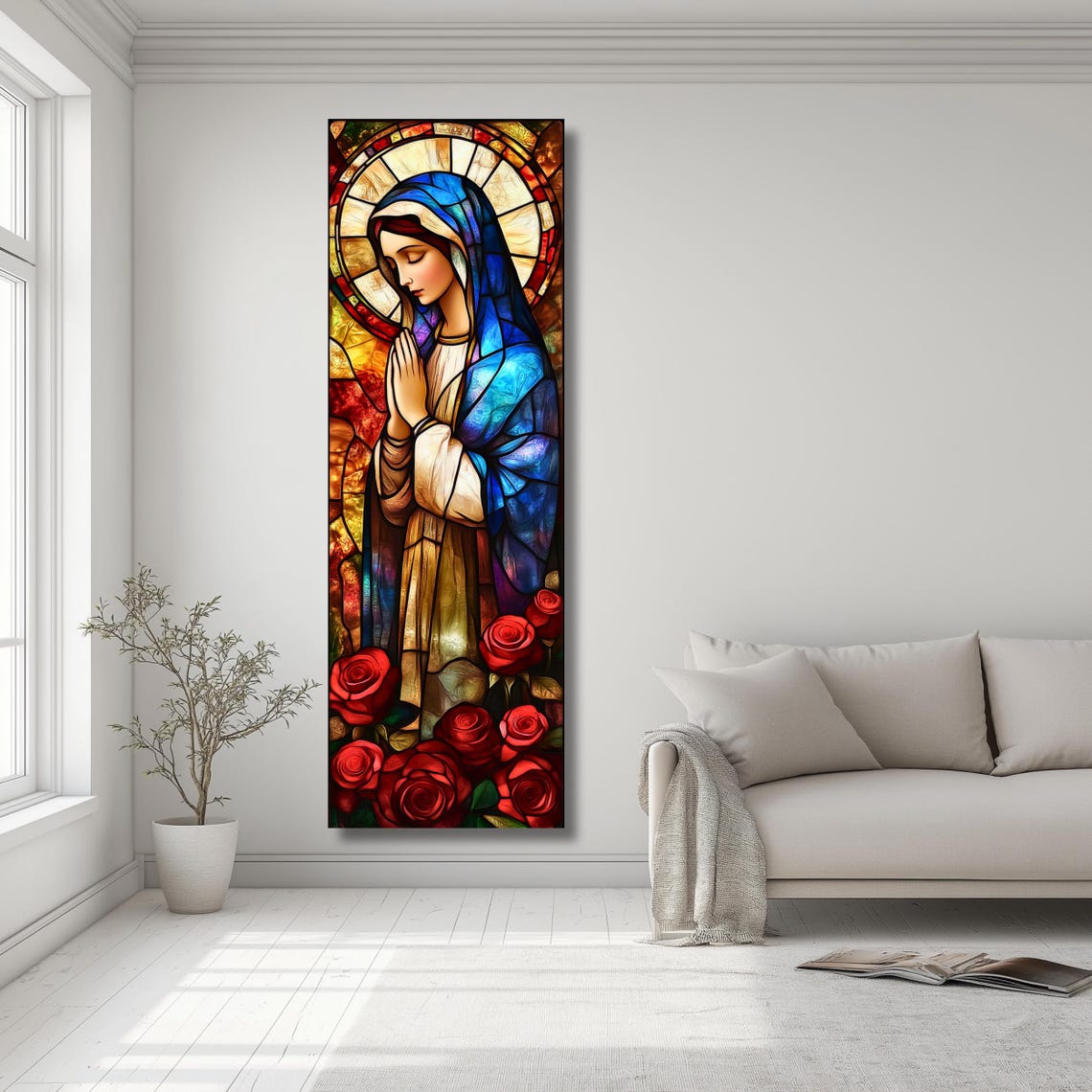 Virgin Mary Stained Glass Blue Veil Red Roses Prayer Catholic Poster - Image 2