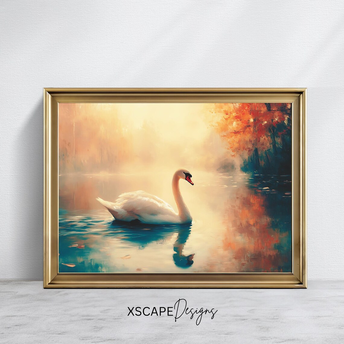 White Swan On Misty Autumn Lake Vintage Wildlife Painting Wall Art