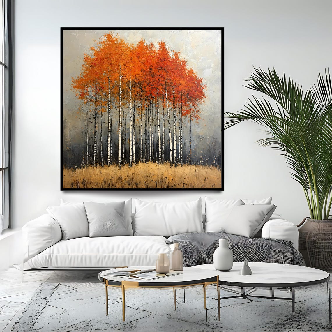 Autumn Birch Forest Orange Canopy White Trunks Misty Landscape Poster - Image 4
