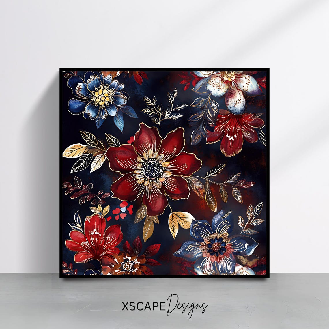 Dark Moody Red Blue Floral Pattern Gold Leaves Botanical Art Print