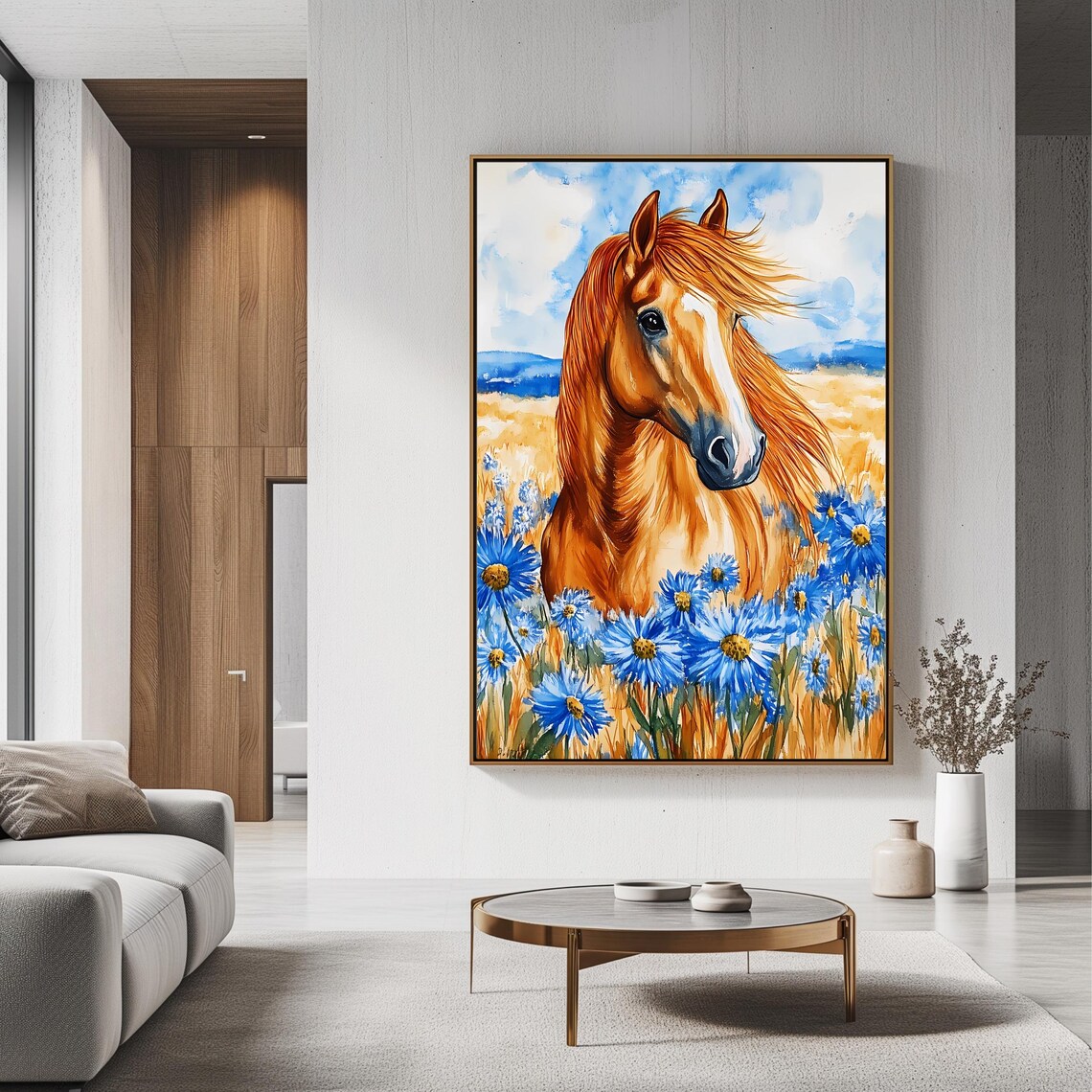 Chestnut Horse In Wild Blue Wildflower Golden Field Art Poster - Image 3